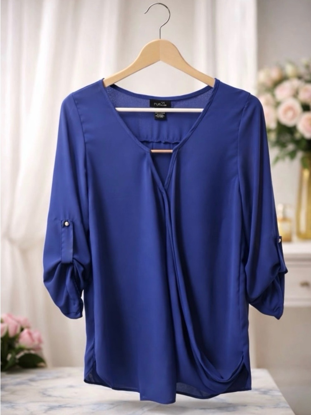 Rue21 Navy Blue V-Neck Draped Roll-Tab Blouse Size Small